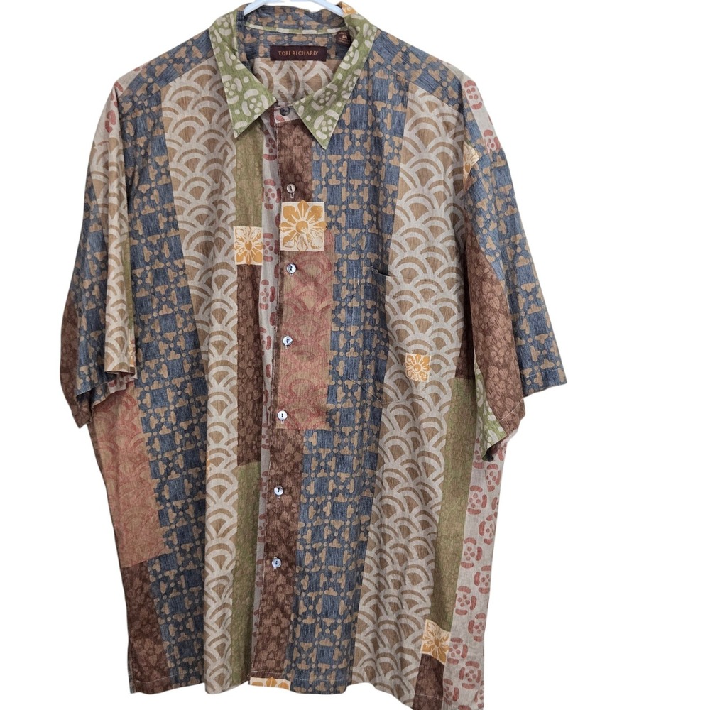 Tori Richard Button Front Shirt Mens 2XL Brown Patchwork Cotton Lawn Aloha USA